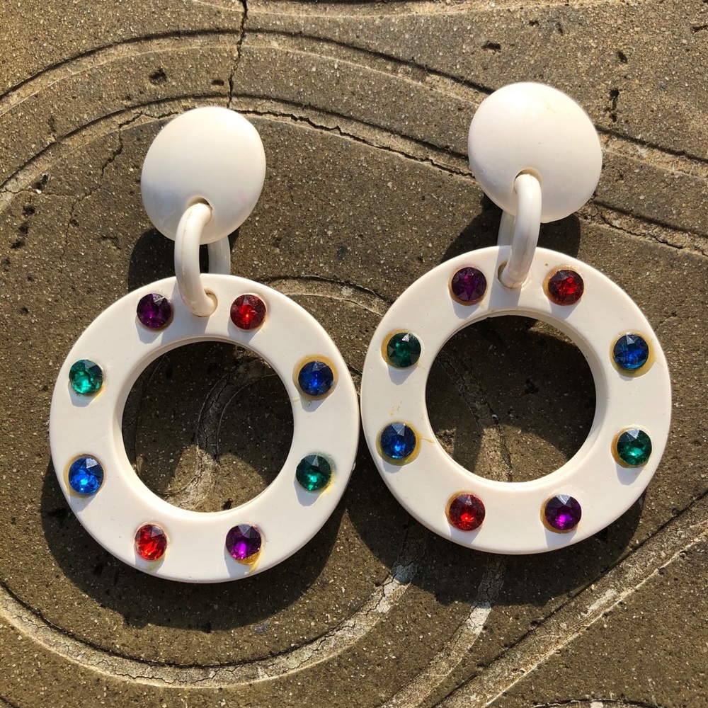 White Jeweled Circle Earrings Rhinestones